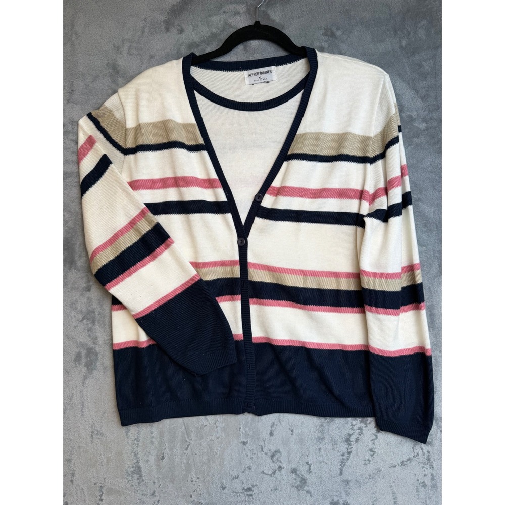 Alfred Dunner Vintage Striped Cardigan Twin Set Navy Pink Cream XL Made in USA